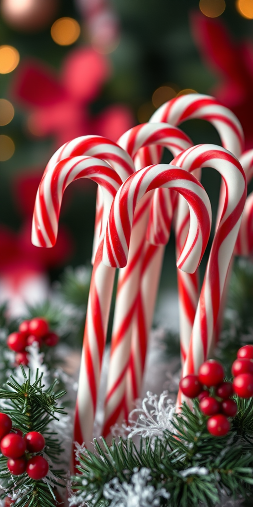 Generate an image of candy canes in a festive arrangement, shot with a Canon EOS R5 at f/8, ISO 100, 1/125s, using a soft focus lens for a slight bokeh effect, in a bright, evenly lit setting.
