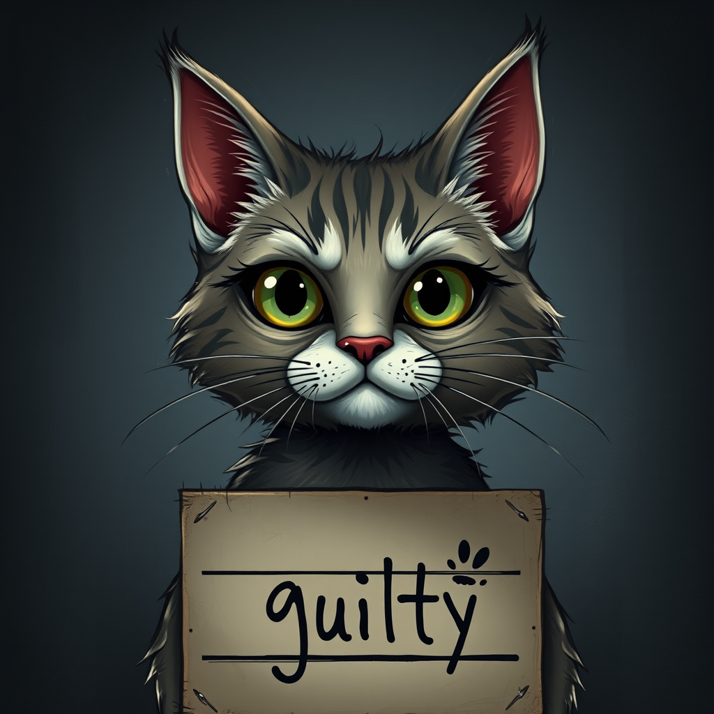 A comical cartoon-like scruffy cat, battered, dirty, with a mug shot and 'guilty' written on the board, in a whimsical and surreal art style with dark fantasy themes, dramatic lighting effects, minimalist and abstract touches, hyper-realistic details, textured backgrounds, vintage aesthetics, playful and exaggerated characters, gothic aesthetics, intricate designs, detailed patterns, and artistic composition