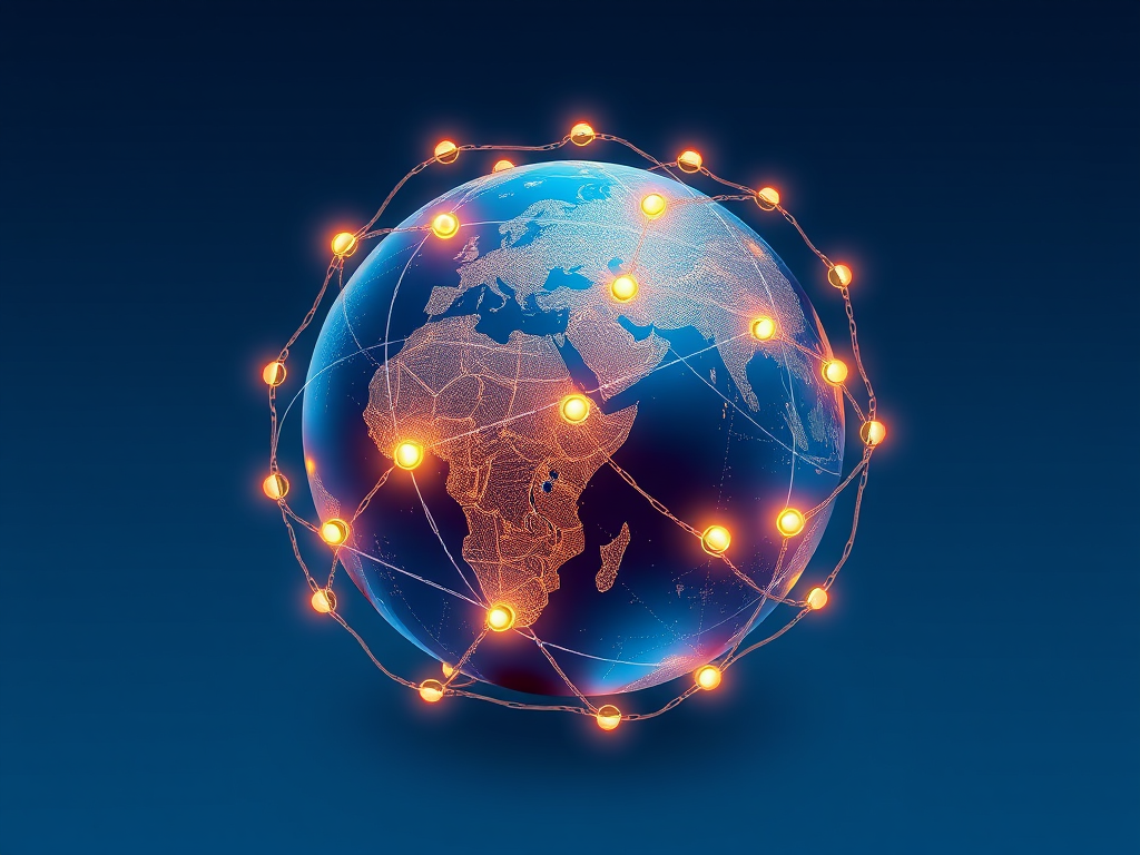 Create a digital illustration of a stylized globe interconnected with glowing chains and circuit patterns, with a blue gradient background, using a Canon EOS R5, 50mm lens, f/1.8 aperture, ISO 100, shot from a straight-on view with a high dynamic range for enhanced detail.
