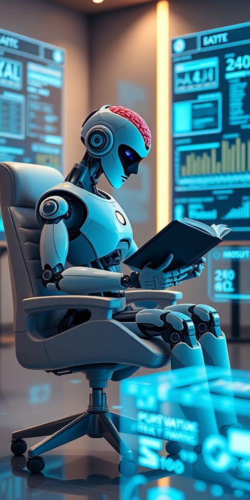 A futuristic robot with a brain, sitting in an ergonomic chair, reading a book amidst holographic screens displaying data, in a softly lit room, using a DSLR camera with a 50mm lens, aperture f/1.8, ISO 100, and a shallow depth of field for enhanced focus on the robot and a blurred background.