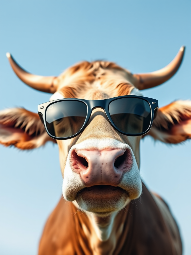 A close-up portrait of a cow wearing stylish sunglasses against a soft blue background, shot with a Canon EOS R5 camera, 85mm lens, f/1.8 aperture, ISO 100, and natural lighting for enhanced clarity and detail.