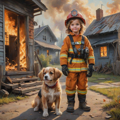 airbrushed oil painting, pixar style, cute little girl in fireman gear, helmet, tousled hair, expressive eyes, standing in the doorstep of a cottage burning behind him, holding a cute little dog in her arm, atumn sky