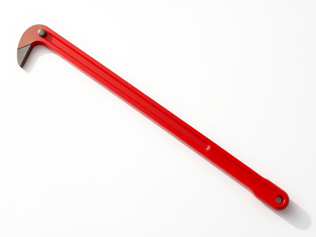 Create a high-resolution digital illustration of a red crowbar with a sleek design on a plain white background, using a 50mm lens, f/2.8 aperture, ISO 100, shot in natural light to enhance clarity and detail.
