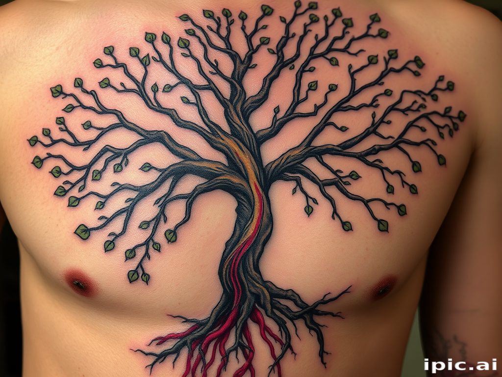 Surrealist tattoo blending elements of nature and human anatomy, showcasing a tree with branches morphing into veins and arteries, called "Organic Fusion"