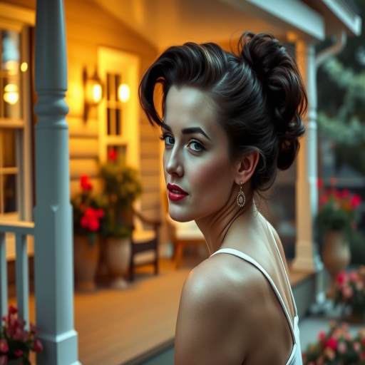 A photo of Marilyn Monroe with a background of a cozy porch. She has dark hair pulled back in an updo, with tendrils framing her face. She wears a white tank top and sits on the porch. The porch is part of a well-lit home with a warm, earthy tone and colorful flowers and foliage. The overall scene has a warm, welcoming, and comfortable ambiance.