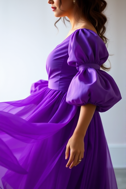 A graceful woman in a flowing purple dress with puffed sleeves, captured in a soft focus, using a DSLR camera at f/2.8 aperture, 50mm lens, natural lighting, from a slightly low angle for an elegant perspective.