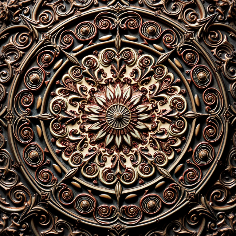 Create a highly detailed circular design featuring intricate swirling patterns and symmetrical shapes, shot with a Canon EOS R5, 50mm lens, f/1.8 aperture, ISO 100, natural soft lighting to enhance the texture and depth of the image.