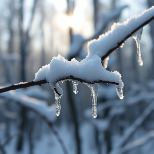 Sharp, detailed close-up of a snow-covered branch in a winter forest, soft sunlight filtering through the trees, with tiny icicles glistening in the cold morning light.