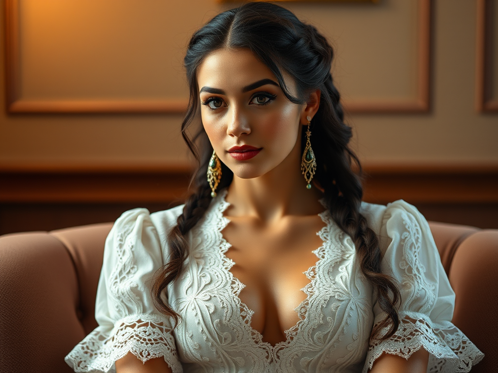 Create a portrait of a refined and elegant Ashkenazi woman seated in a sophisticated setting. She has long, wavy hair styled in two thick braids that are pulled over her shoulders. She wears a white, lace gown with intricate patterns, featuring a deep V-neckline and short sleeves. The dress exudes a vintage charm with its delicate lacework. She is adorned with ornate, dangling earrings that add a touch of glamour to her appearance. The background is softly lit, with warm, ambient lighting that creates a cozy and inviting atmosphere. Her expression is poised and serene, capturing a sense of grace and elegance.