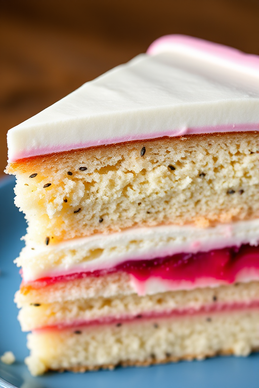 A close-up of a slice of layered cake with visible poppy seeds in the light sponge layers and a pink fruit filling between the layers, topped with smooth white frosting and a light pink border, resting on a blue plate.