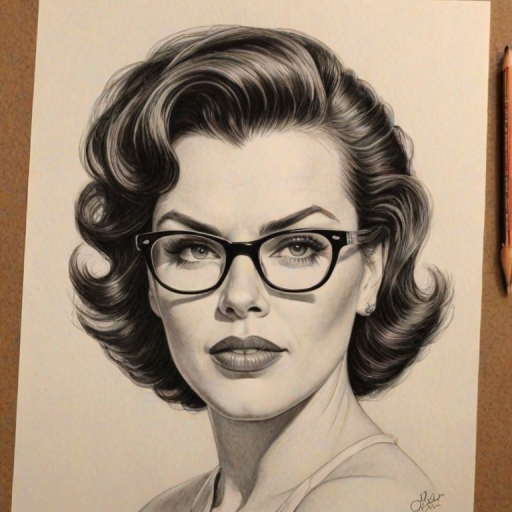 Radiant Debi Mazar, pencil sketch, portrait of Ravishing woman 1953s in glasses, hair style beatnik, outline, clear lines, fine lines, 8k