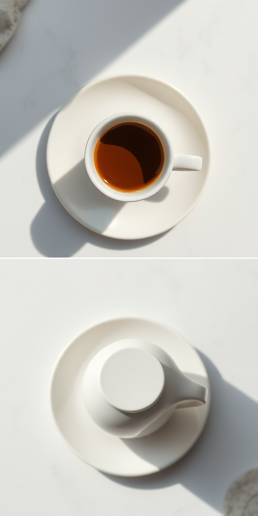 Regenerate the image of a minimalistic coffee cup and saucer set from a top-down view and side view, shot with a DSLR camera at f/2.8 aperture, 50mm lens, soft natural lighting, ISO 100, and a shallow depth of field for enhanced clarity.