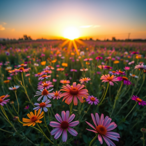 Create a vibrant field of wildflowers during sunset with sun rays illuminating petals, using a Canon EOS 5D Mark IV at f/8, ISO 100, 1/200 sec, with a wide-angle lens for an expansive view and shallow depth of field to enhance the foreground flowers.