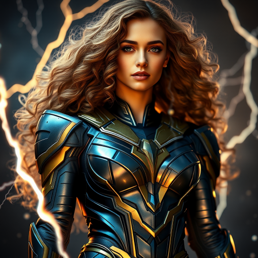 Create an image of a female superhero with long curly hair wearing a detailed armored suit with gold and blue accents, surrounded by dynamic lightning effects, shot with a DSLR camera at f/1.8, ISO 100, 85mm lens, in a dramatic low-angle view with soft lighting for a cinematic effect.