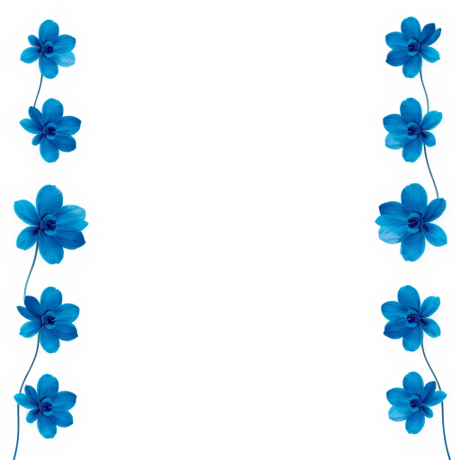 Create a vibrant digital artwork featuring abstract blue floral shapes in the corners against a white background, shot with a DSLR camera at f/8 aperture, ISO 100, 50mm lens, with a shallow depth of field for crisp detail in the foreground elements and a soft gradient effect.