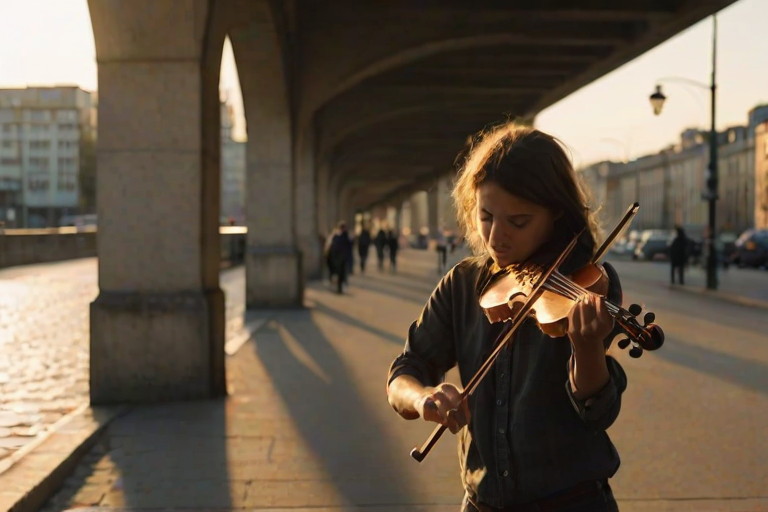 Blurry candid shot of a street musician playing a violin under a bridge, soft golden light from a nearby streetlamp casting long shadows, with distant pedestrians walking by and faint echoes of music in the air.