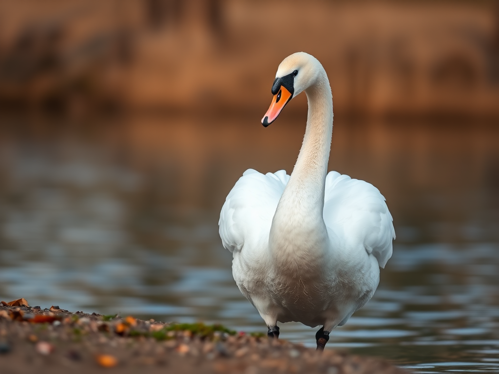 Regenerate the image of a majestic swan standing by the water's edge, captured with a Canon EOS 5D Mark IV, 50mm lens, f/2.8 aperture, ISO 100, shutter speed 1/250s, natural lighting, shallow depth of field for a soft background blur.