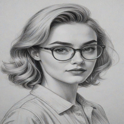 Comely Meg Donnelly, pencil sketch, portrait of Captivating woman 1959s in glasses, hair style beatnik, outline, clear lines, fine lines, 8k