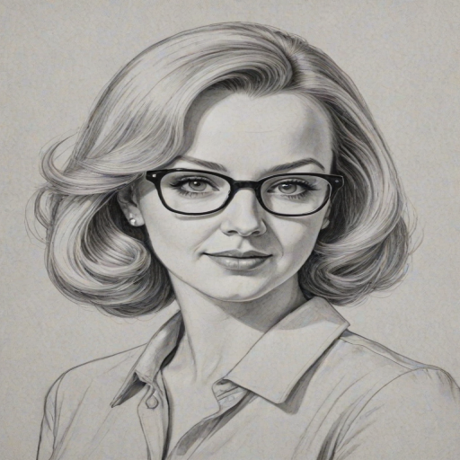 Elegant Wendi McLendon-Covey, pencil sketch, portrait of Splendid woman 1960s in glasses, hair style beatnik, outline, clear lines, fine lines, 8k