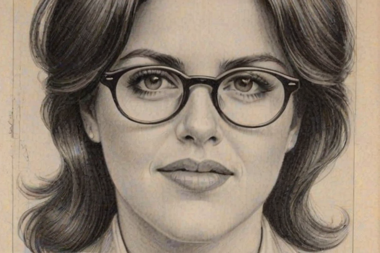 Magnificent Monica Lewinsky, pencil sketch, portrait of Fetching woman 1933s in glasses, hair style beatnik, outline, clear lines, fine lines, 8k