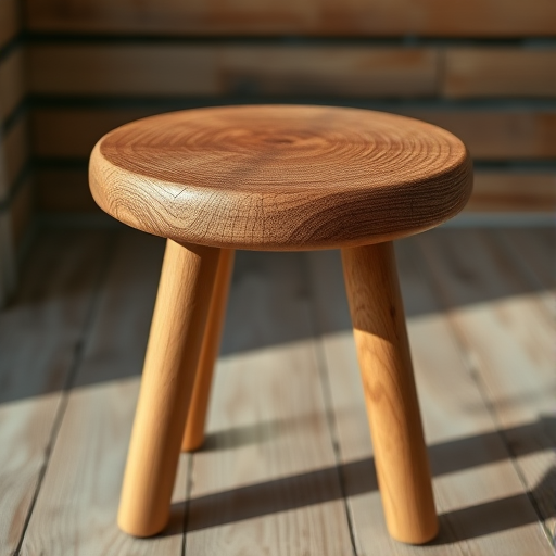 Create a high-resolution image of a wooden stool with a textured surface, captured from a low angle view using a DSLR camera, aperture f/4, ISO 100, and 50mm lens, with natural lighting to enhance details and shadows.