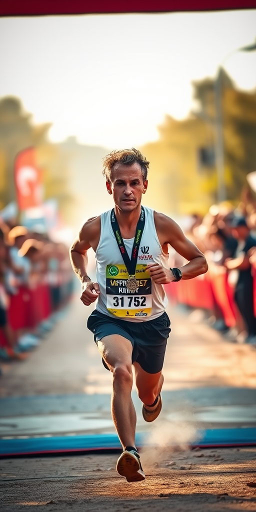Blurry, action shot of a runner crossing the finish line, sweat dripping down their face, crowd cheering in the background, sunlight catching the medal around their neck, dust kicked up from the ground as they sprint, focus on the determination in their eyes.