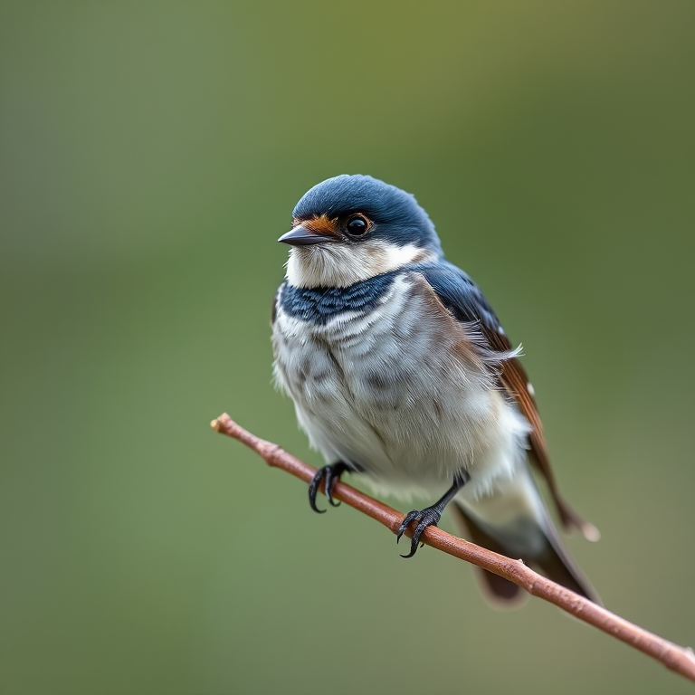 Capture a close-up of a swallow perched on a twig, using a Canon EOS 5D Mark IV with a 100mm f/2.8 macro lens, aperture set to f/4, ISO 200, shutter speed 1/250s, with a soft bokeh background to enhance clarity and detail in the bird's feathers.