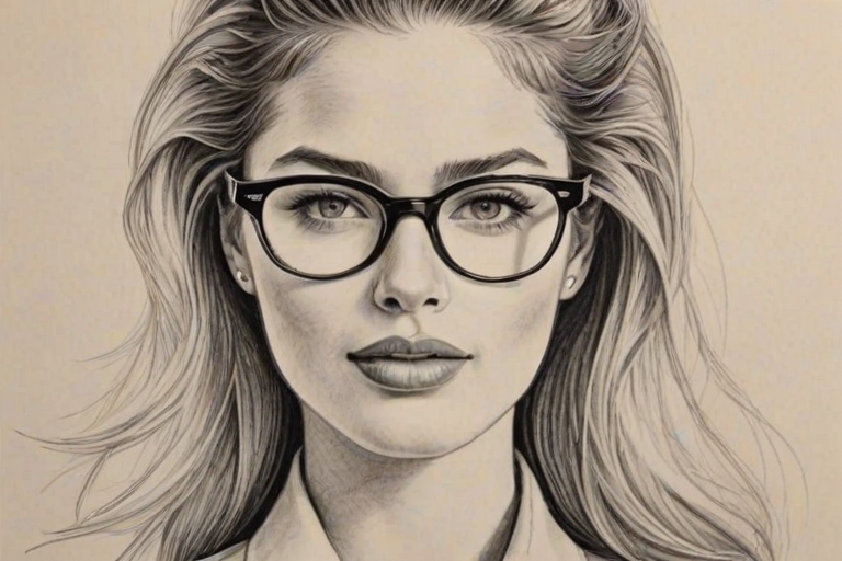 Elegant Doutzen Kroes, pencil sketch, portrait of Delightful woman 1946s in glasses, hair style beatnik, outline, clear lines, fine lines, 8k