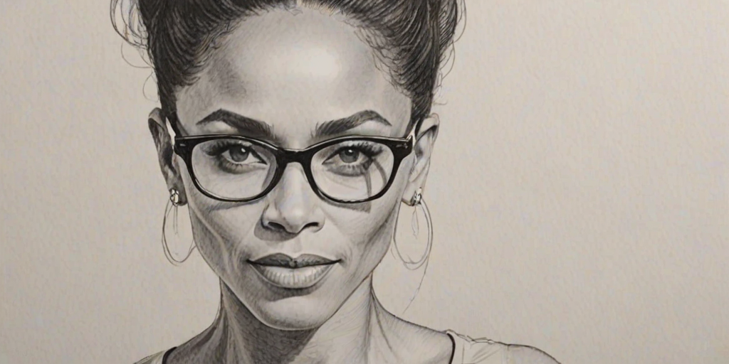 Exquisite Jada Pinkett Smith, pencil sketch, portrait of Magnificent woman 1962s in glasses, hair style beatnik, outline, clear lines, fine lines, 8k