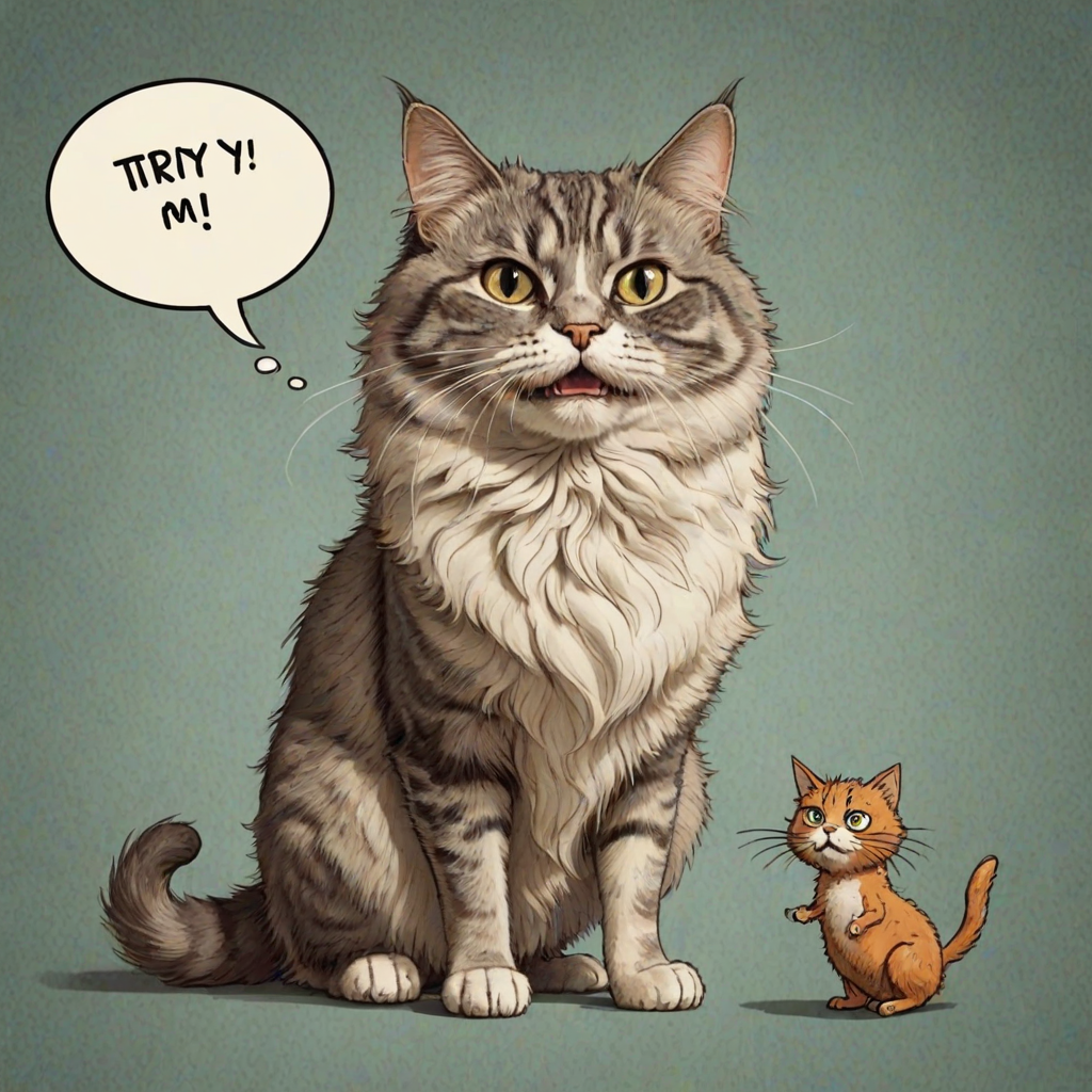 caricature of a silly whimsical fluffy cat with a mean look she has one foot on a sausage and is looking at an old scraggly big dog the cat has a thought bubble above her head that says “try,me"