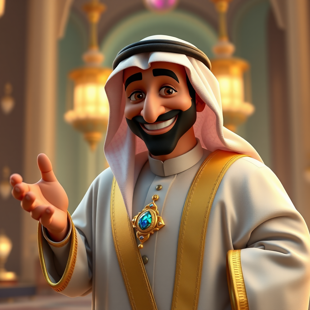 Create a 3D rendering of a wealthy Arab male sheikh from Dubai, inspired by the Disney animation style. The sheikh must have a smile and a playful but wise character. Place your character in an atmosphere of wealth and luxury. The image must be in high resolution format. Dynamic pose above the waist, gesturing with hands (Pixar Art style)++ highly detailed digital painting, art stations, concept art, soft focus, hard focus, illustrations. cinematic, visual effects, HDR, Unreal Engine 5, ray tracing, soft light, 8k, high detail, sparkling backlighting, luxury gem, game art, 3d, cartoon, colorful, magical, mysterious