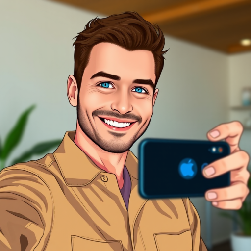 Create a high-resolution digital illustration of a smiling man in a beige jumpsuit holding a smartphone for a selfie, with bright blue eyes and a friendly expression, using soft lighting and high contrast, captured with a Canon EOS R5, 50mm lens, f/1.8 aperture, ISO 100, at a slight angle for a dynamic perspective.