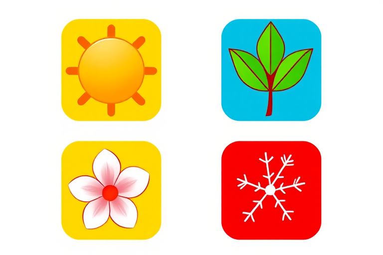 Create a vibrant illustration featuring four square icons representing the four seasons: a sun in the top left, a red maple leaf in the top right, a flower in the bottom left, and snowflakes in the bottom right, using a digital art style with high saturation, sharp lines, and a clean background, shot with a DSLR camera at f/8 aperture, 50mm lens, and natural daylight for optimal clarity and color contrast.