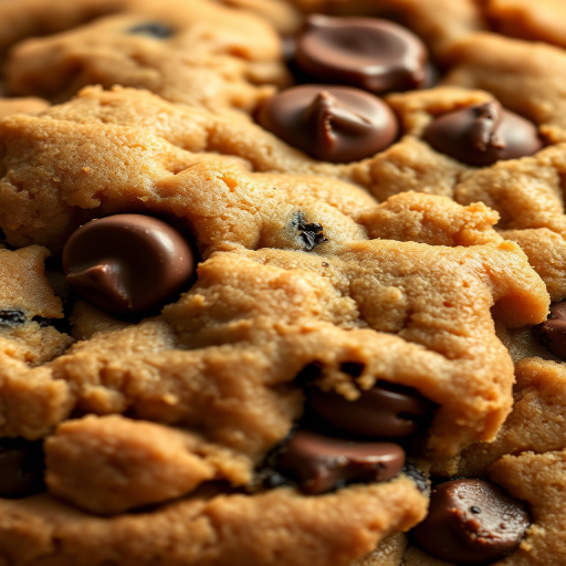 Create an illustration of a chocolate chip cookie with a realistic texture, using soft natural lighting, a close-up camera view, f/4 aperture, 50mm lens, and a shallow depth of field to enhance image quality.