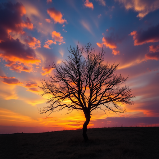 create a sunset landscape featuring a solitary tree with bare branches against a colorful sky, using a DSLR camera with a 50mm lens, aperture set to f/8, ISO 100, and a shutter speed of 1/200 sec for sharpness and depth of field.