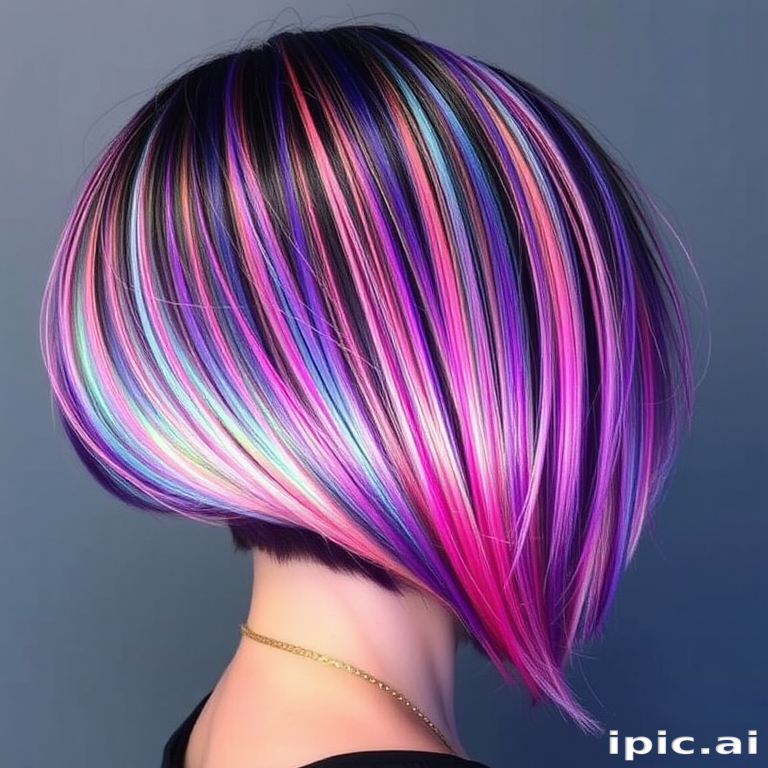 Mesmerizing holographic hair shifting colors with every movement, styled in a sleek bob cut, creating a futuristic illusion, named "Spectrum Shift"