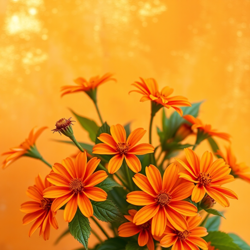 Create a vibrant floral background featuring various orange flowers with green leaves against an abstract orange and gold textured backdrop, captured with a macro lens at f/2.8, ISO 100, with a shallow depth of field using a DSLR camera for enhanced detail and clarity.