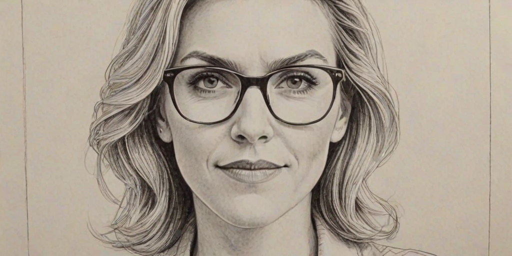 Fetching Rhea Seehorn, pencil sketch, portrait of Attractive woman 1979s in glasses, hair style beatnik, outline, clear lines, fine lines, 8k