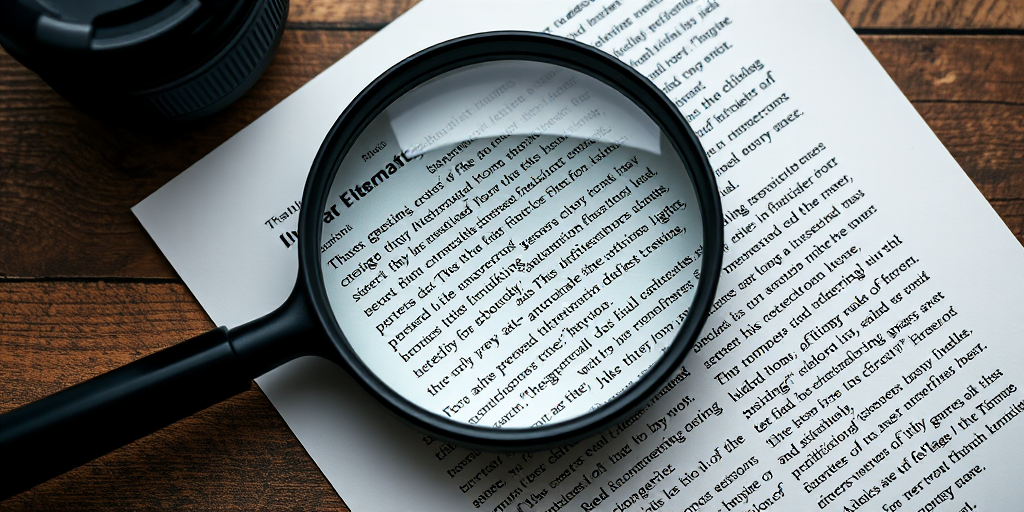 Create a high-resolution image of a magnifying glass over a piece of paper with text, using a DSLR camera at f/2.8 aperture, 50mm lens, shot from a top-down view, natural lighting, and a slight depth of field to emphasize the magnifying glass.
