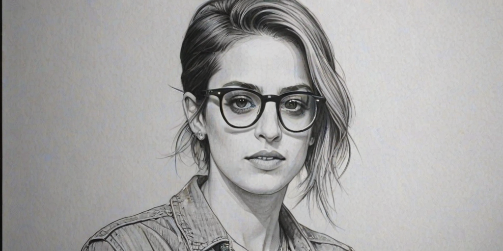 Fascinating Samantha Ronson, pencil sketch, portrait of Enchanting woman 1975s in glasses, hair style beatnik, outline, clear lines, fine lines, 8k