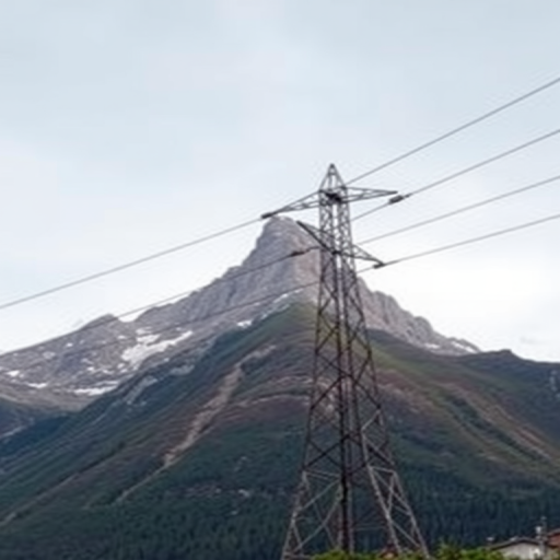 high-resolution image of a mountain landscape with a power line tower in the foreground, captured with a DSLR camera at f/8 aperture, ISO 100, 1/125 sec exposure, 24mm wide-angle lens, taken from a low angle to emphasize the height of the mountain and the tower, in natural lighting with a slight overcast sky for soft shadows and vibrant colors