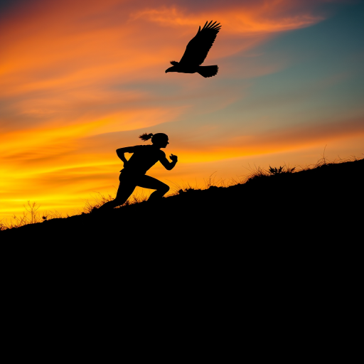 generate a silhouette image of a person running up a hill with an eagle flying overhead at sunset with vibrant orange and yellow hues in the sky, DSLR camera settings at f/8, ISO 100, 1/250 sec, captured from a low angle view to emphasize the height of the hill and the dynamic motion of the runner.