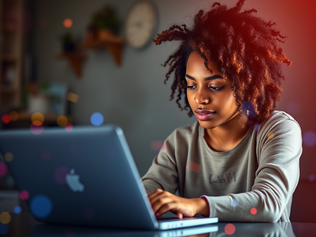 A young woman with natural hair working on a laptop, surrounded by abstract digital elements and vibrant colors, photographed with a Canon EOS R5, 50mm lens, f/1.8 aperture, ISO 200, soft focus background, natural lighting for enhanced depth and clarity.