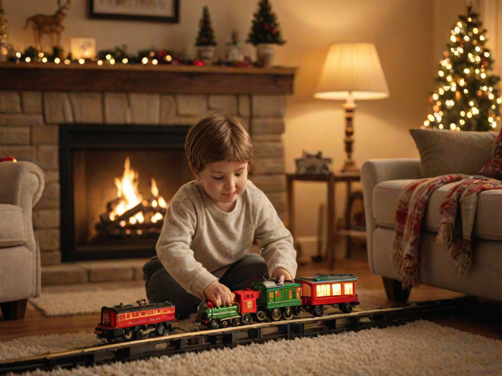 Warmly lit photo of a child playing with a toy train set in a cozy living room, soft golden light from a nearby lamp illuminating their face, with a fireplace and holiday decorations visible in the background.
