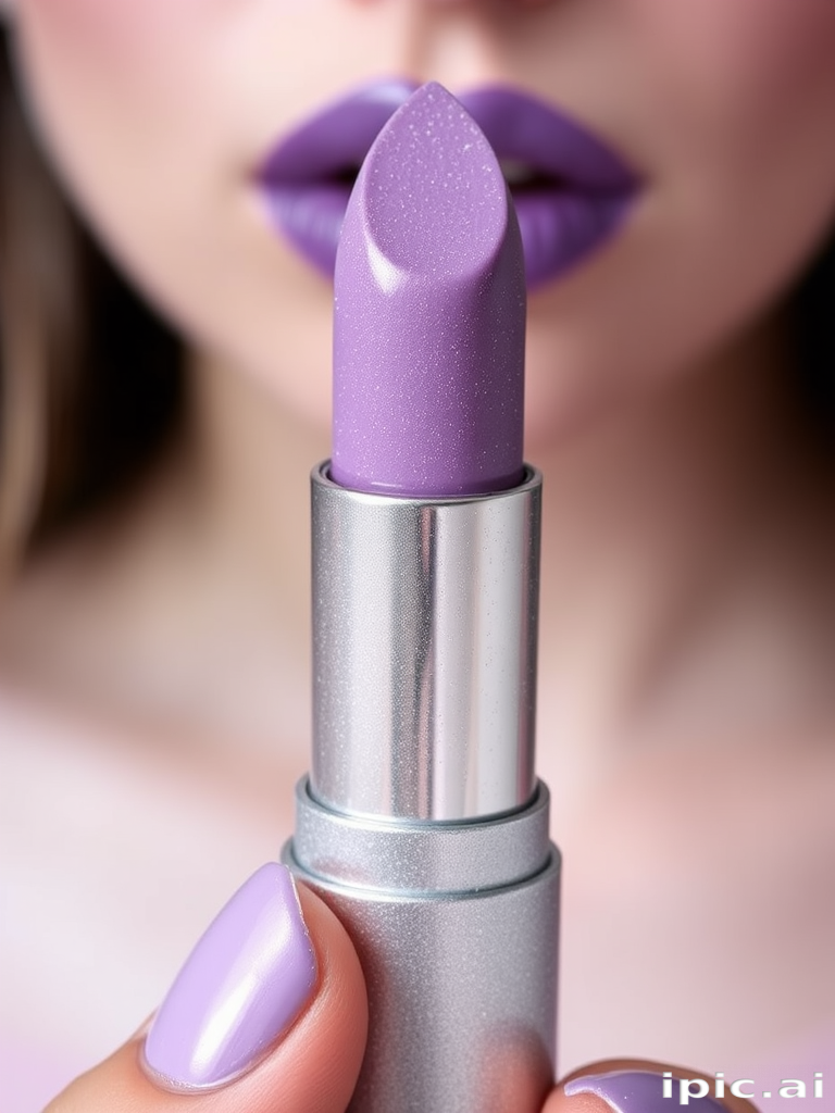 Frosted lavender lipstick "Ethereal Frost" combining a cool-toned purple base with silver shimmer for a unique and eye-catching look