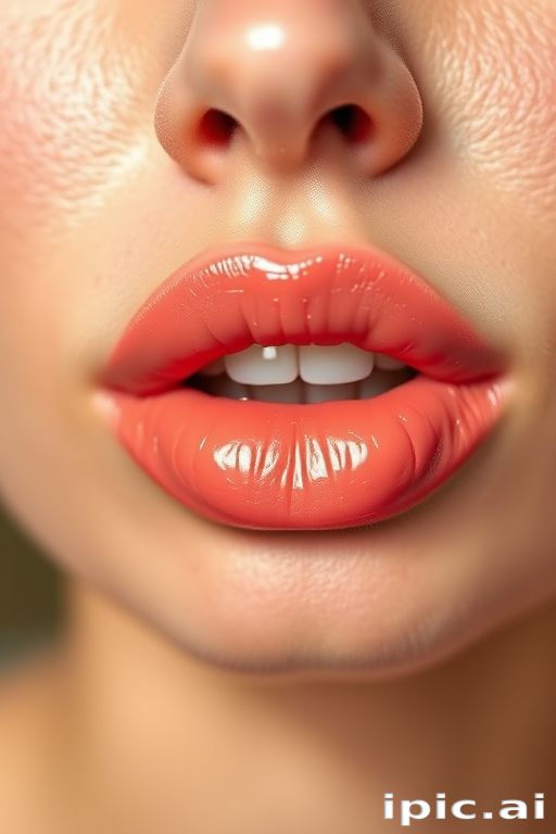 Sheer coral lip oil imparts a subtle tint and glossy finish, highlighting the lips' natural texture and creating a fresh, effortless appearance