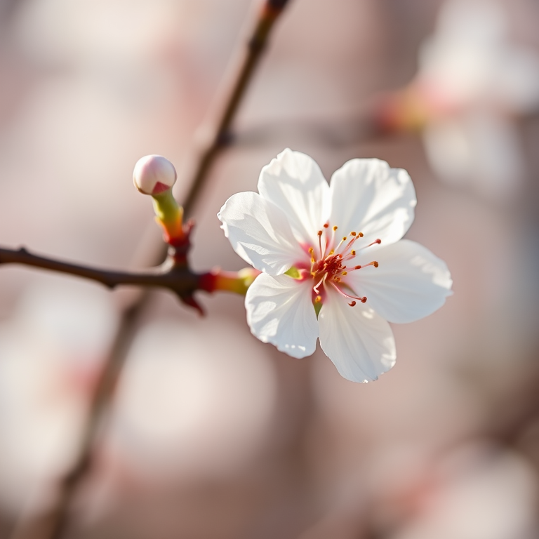 Create a close-up image of a single white cherry blossom flower on a branch with a blurred background, using a Canon EOS 5D Mark IV, 85mm f/1.4 lens, aperture set to f/2.8, ISO 100, and a shutter speed of 1/200s, soft natural lighting to enhance details and textures.