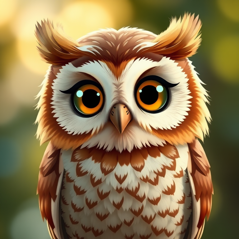 Create a highly detailed illustration of a cute cartoon owl with large expressive eyes, soft brown and cream feathers, and a friendly demeanor, captured with a DSLR camera at f/2.8 aperture, 50mm lens, in soft natural lighting for a warm glow, with a slight bokeh effect in the background to enhance focus on the owl.