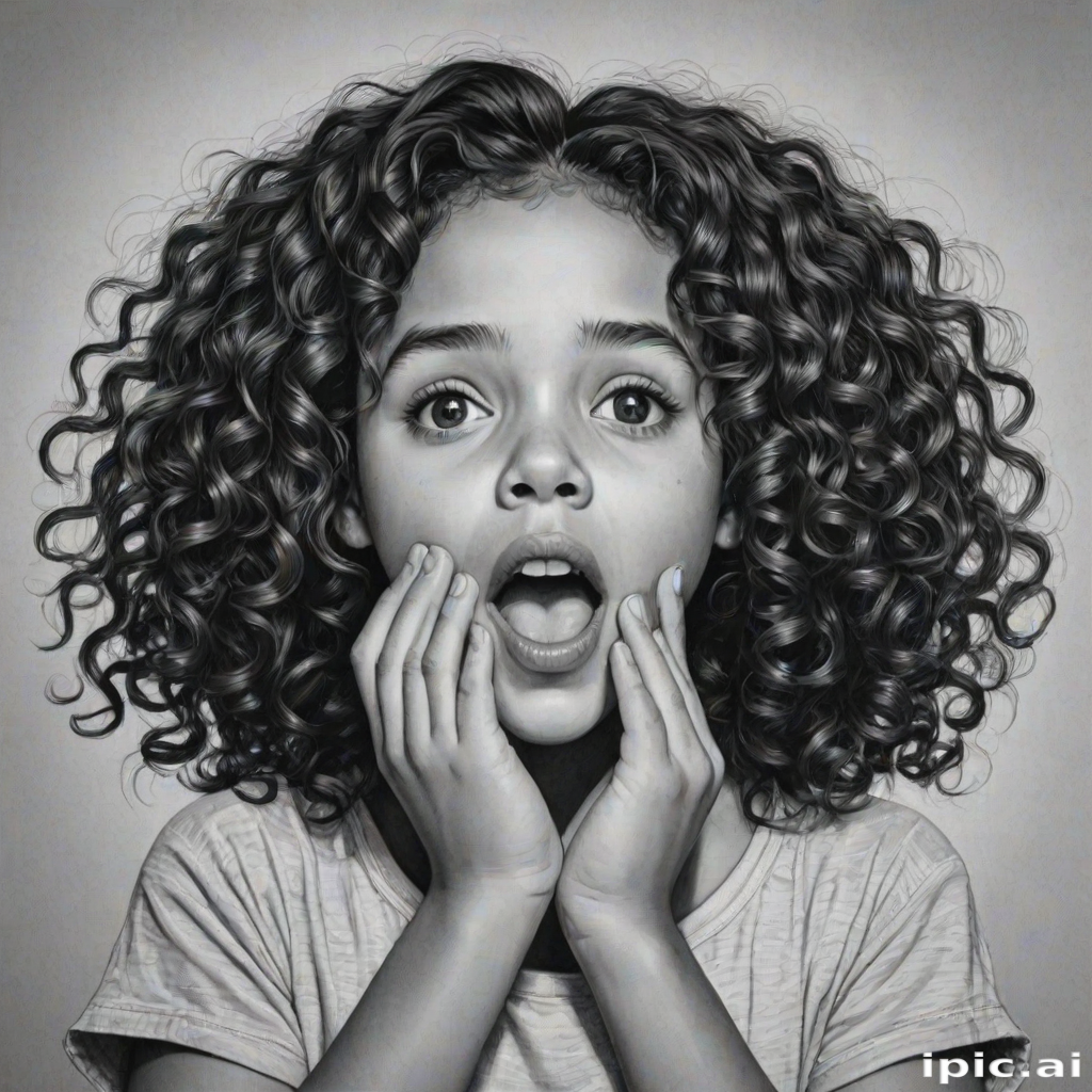 The image is a black and white illustration of a young girl with curly hair. She has a surprised expression on her face with her mouth open and her hands clasped together in front of her chest. Her eyes are wide and her eyebrows are furrowed. Her hair is styled in loose curls that are cascading down her back. The overall mood of the image is one of shock or surprise.