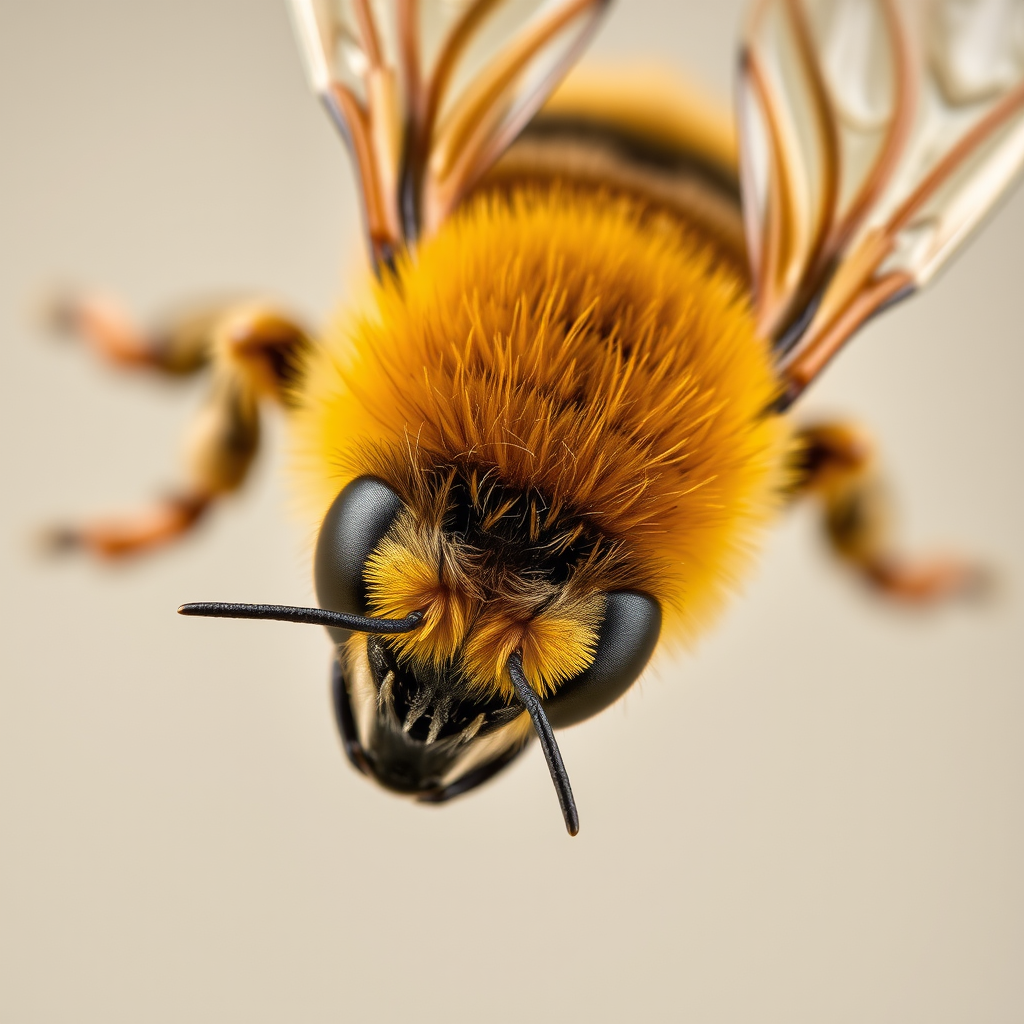 Create a high-resolution image of a bee from an overhead view with realistic textures and details, aperture f/8, ISO 100, 50mm lens, using a macro photography style on a digital camera.